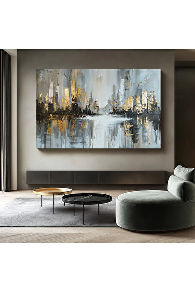 idora Altın Şehir Işıltısı Modern Kanvas Tablo, Soyut Şehir Manzaralı Duvar D...