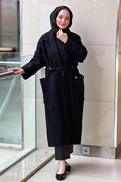 Ghisa Kruvaze Yaka Önü Açık Kuşaklı Kaşe Kaban