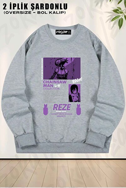 ZOKAWEAR Unisex Chainsaw Man Reze Özel v2 Baskılı Oversize Bisiklet Yaka Swea...