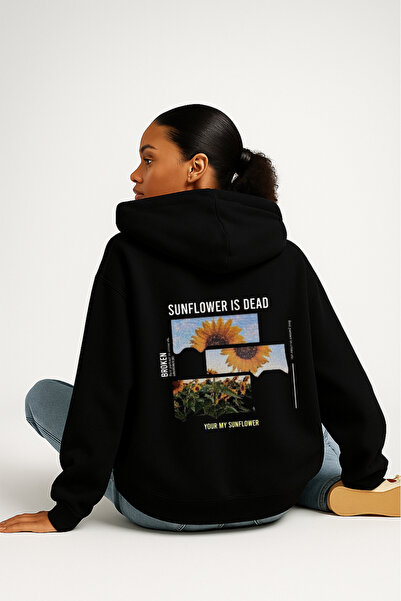 LORVEX Hanorac unisex negru cu imprimeu Oversize Sunflower Is Dead tricou