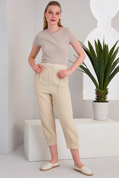 Alışveriş Sokağı Lace-Up Pocketed Side Stripe Design Linen Trousers Beige Color