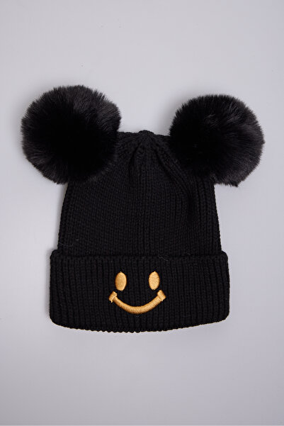 OX-RA Black Double Pompom Smiley Knitted Children's Beanie