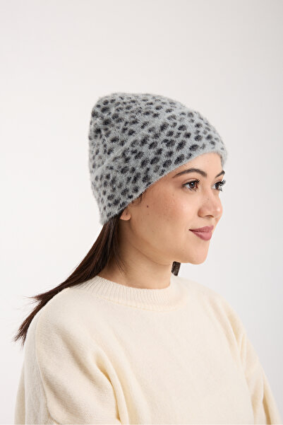 OX-RA Gray Leopard Patterned Plush Folded Beret