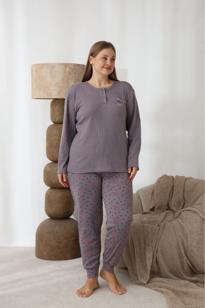 Temporium Women's Winter Plus Size Embroidered Patterned Collar Buttoned Long Sleeve Pajama Set