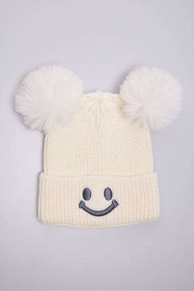OX-RA White Double Pompom Smiley Knitted Children's Beanie