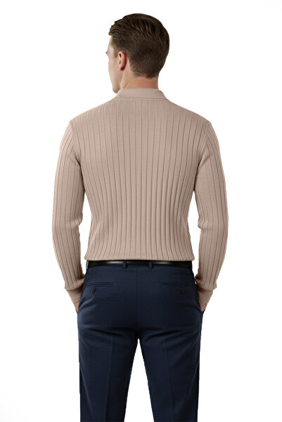 DeepSEA Men's Beige Polo Neck Corded Fabric Knitwear Sweater – 100% Cotton, Flexible Texture, Modern Fit 2605305