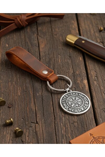 E&F Takı سلسلة مفاتيح بتصميم بوصلة من الجلد الطبيعي الأصلي هدية سلسلة مفاتيح