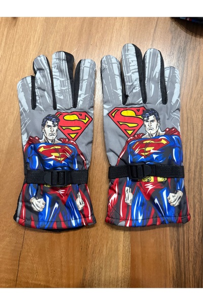 Blotch Superman Character Waterproof Gray Color Lined Children's Ski and Snow Gloves for Ages 6-10