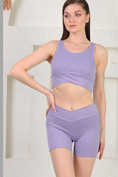 Alışveriş Sokağı Corded Fabric Bustier and Shorts Sports Set Lilac Color