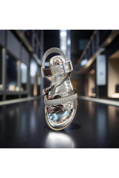 Asyagiyimavm Gümüş Rengi Taşlı Tokalı Kız Çocuk Abiye Sandalet