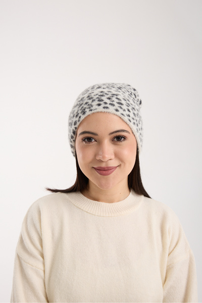 OX-RA White Leopard Patterned Plush Folded Beret