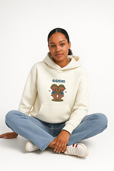 LORVEX قصة فضفاضة سويت شيرت أبيض مطبوع عليه الدببة التوأم للجنسين K بغطاء رأس