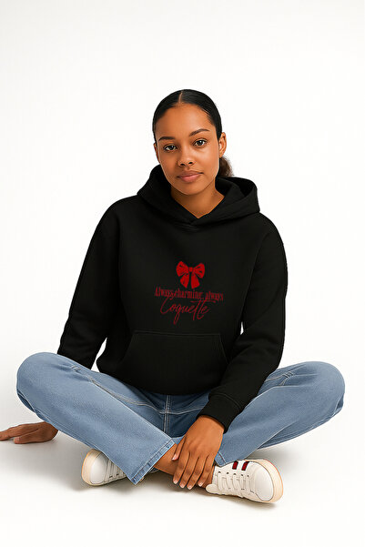 LORVEX Hanorac negru cu imprimeu Always Coquette, supradimensionat tricou