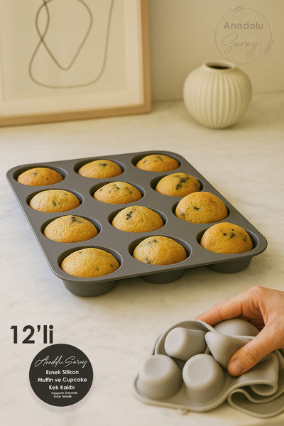 Anadolu Saray 12-Piece Flexible Silicone Muffin and Cupcake Cake Mold Non-Stick, Durable, Easy to Clean
