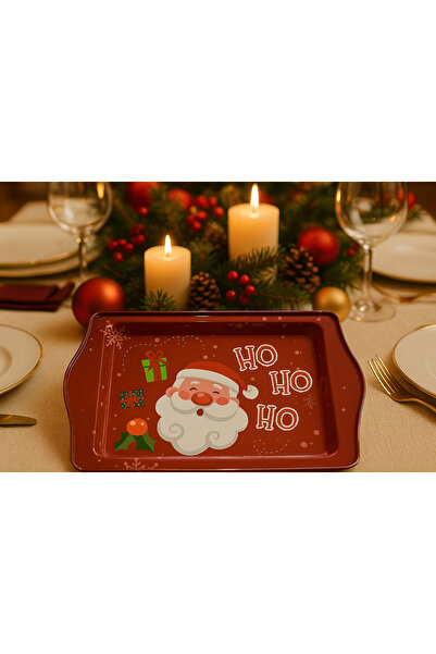 ATAGİFT HEDİYELİK Yılbaşı Metal Sunum Tepsisi – Santa Ho Ho Ho Kırmızı Desenli Noel Servis Tepsisi ( 25 x 16 cm )