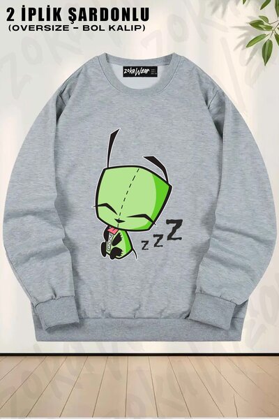 ZOKAWEAR سويت شيرت للجنسين من Invader Zim Gir Sleeping مطبوع قصة فضفاضة برقبة...