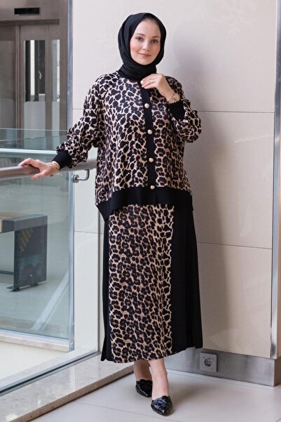 Ghisa Patterned Knitwear Detailed Satin Cardigan Skirt Set