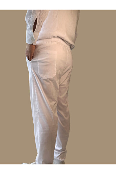 Beratnur Men's White Relaxed Cut Elastic Waist Linen Hajj and Umrah Shalwar Pants