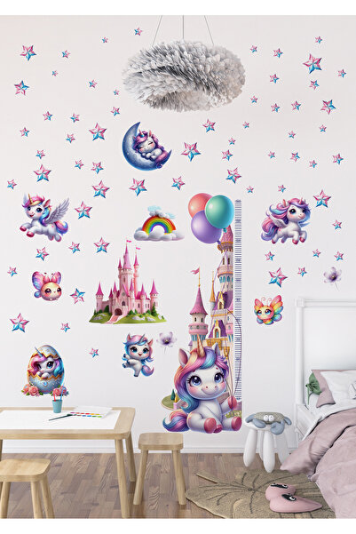 Ettycat Design Unicorn Temalı Gökkuşağı Renkli Boy Ölçerli Duvar Sticker Seti...
