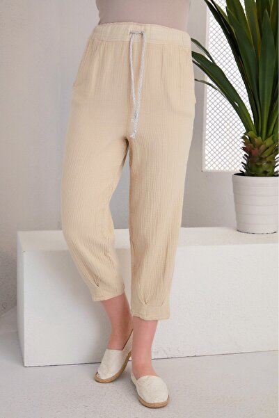 Alışveriş Sokağı Lace-Up Pocketed Side Stripe Design Linen Trousers Beige Color