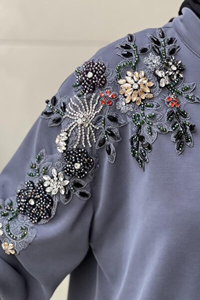 Ghisa Modal Tunic Pants Set with Floral Bead Stone Embroidery on the Shoulder