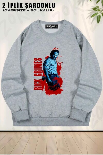 ZOKAWEAR سويت شيرت ريك جرايمز ذا ووكينج ديد مطبوع قصة فضفاضة برقبة دائرية للج...