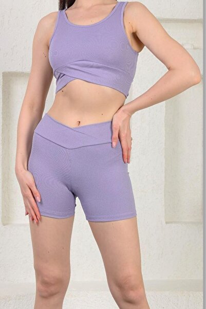 Alışveriş Sokağı Corded Fabric Bustier and Shorts Sports Set Lilac Color