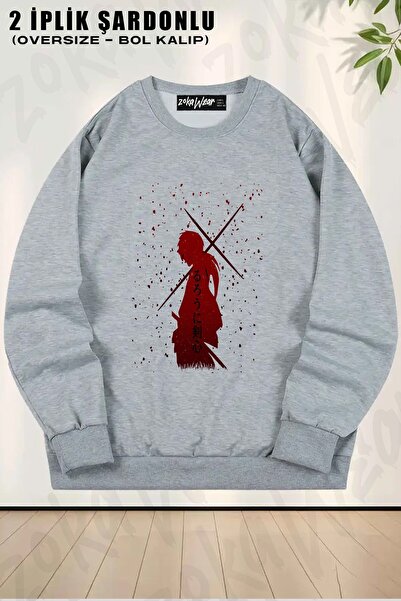 ZOKAWEAR سويت شيرت روروني كينشين ساموراي إكس باتوساي مطبوع قصة فضفاضة برقبة د...