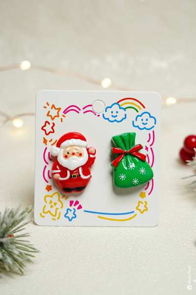 BearPear 2'li Yılbaşı Küpesi Yılbaşı Konseptli Santa ve Hediye Paketi Küpe