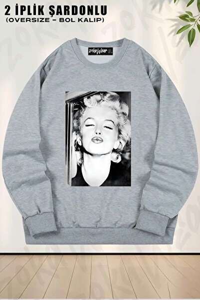 ZOKAWEAR سويت شيرت مارلين مونرو بي دبليو فينتيج D59 مطبوع قصة فضفاضة برقبة دا...