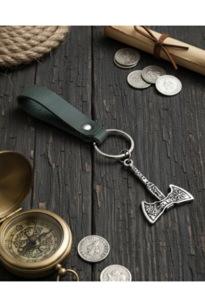 E&F Takı Valknut Axe Design Khaki Green Genuine Leather Keychain Accessory