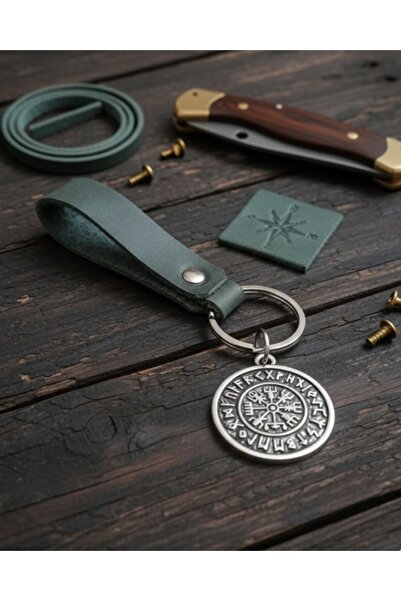E&F Takı Leather Keychain Compass Symbol Khaki Green Real Leather Keychain Accessory