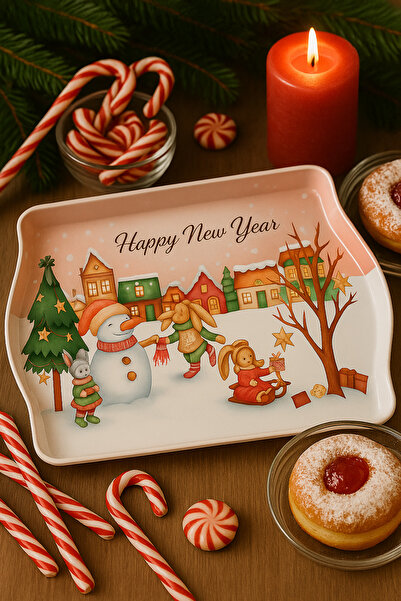 ATAGİFT HEDİYELİK Yılbaşı Metal Sunum Tepsisi – Happy New Year Kar Köyü Desen...