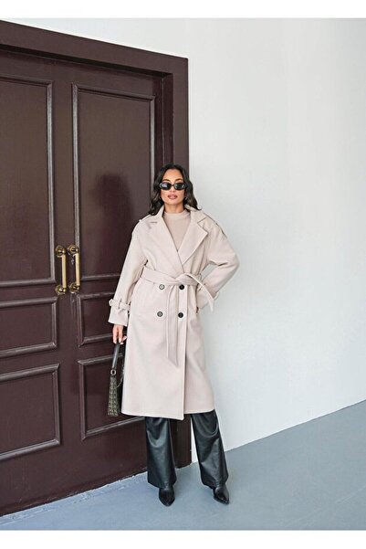 Bermody Mila Women's Double-Breasted Collar Belted Long Cashmere Coat Overcoat Jacket