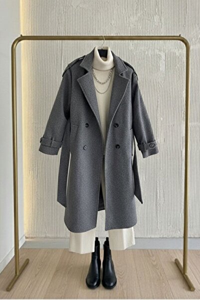 Bermody Mila Palton lung pentru femei decolteu petrecut în V cu centură, din catifea, pardesiu, haină