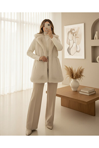 MissRunin Kemerli Düğmeli Kürklü Astarlı Yelek