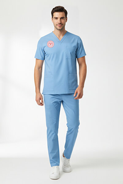 ÇİZGİ MEDİKAL Doktor Ve Hekim Forması Scrubs Likralı Takım Sağlık Bakanlığı Uyumlu-Alaskan Blue