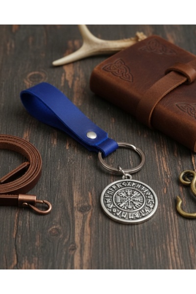 E&F Takı Compass Design Dark Blue Genuine Leather Keychain Accessory
