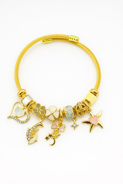 MakeWell Gold Color Stainless Steel Tarnish-Free Charm Bracelet with Star Heart Dolphin Design for Kids