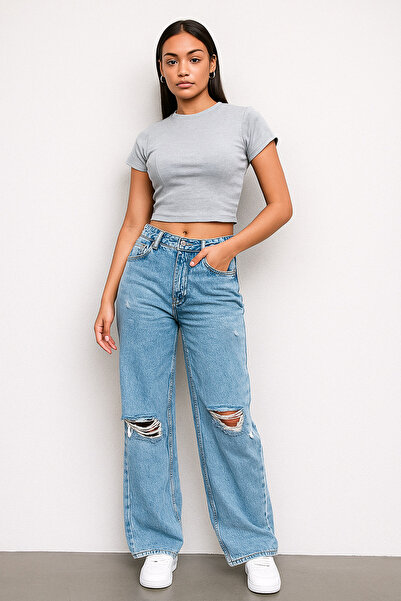 FLIMERANCE بنطال جينز ممزق بخصر عالٍ