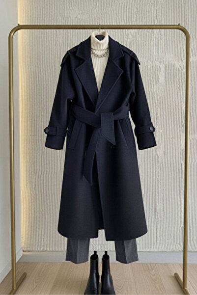 Bermody Mila Women's Navy Blue Double-Breasted Collar Belted Long Cashmere Co...