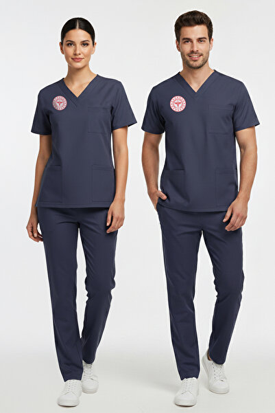 ÇİZGİ MEDİKAL Hemşire Forması Scrubs Likralı Takım Sağlık Bakanlığı Uyumlu-Patriot Blue