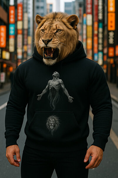 CLASSY.MODA Men's 3 Yarn Ş Fleece-Lined Artistic B Printed Hoodie with Spirit Figure O Oversized Sweatshirt