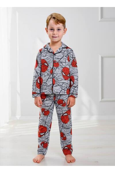 Yağmur Giyim Pjkö Ex. Man Patterned Grey Long Sleeve Front Buttoned Boys Pajama Set 4-12 Years 510U