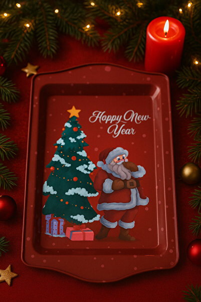 ATAGİFT HEDİYELİK Yılbaşı Metal Sunum Tepsisi- Noel Baba ve Çam Ağacı Desenli Kahve Sunum ve Yeni Yıl Hediye Tepsisi