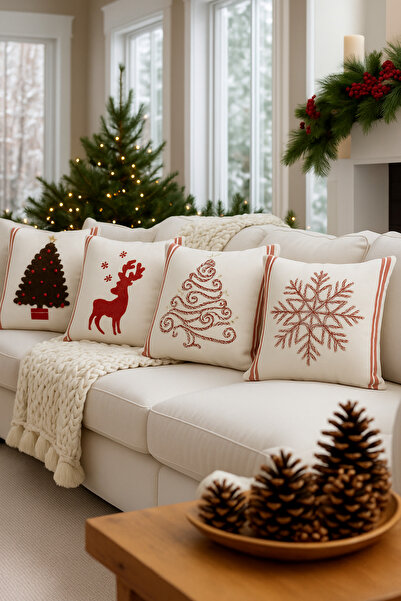 homytextiles غطاء وسادة مزخرف مطرز بتصميم عيد الميلاد - مجموعة من 4 قطع، قصة شتوية