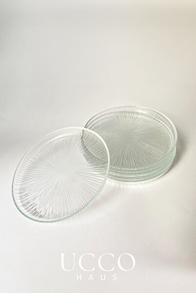 UCCO Elegant Striped Glass Cake Plate for 6 People, Breakfast Plate Set 19 cm | 6-Piece Breakfast & Dessert Set | Line