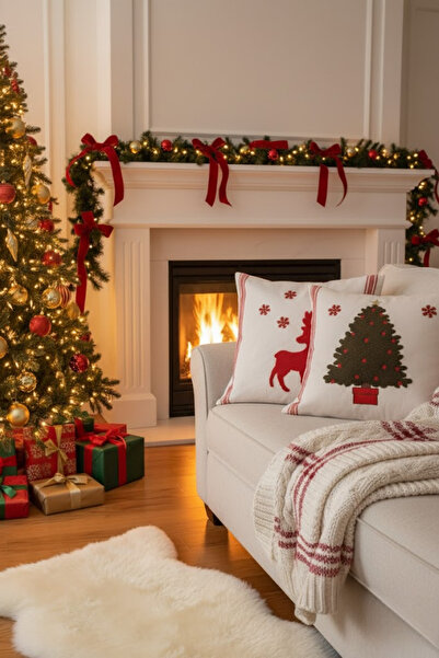 homytextiles New Year - Christmas Themed Punch Embroidered Decorative 2-Piece Throw Pillow Cover, Happy Years