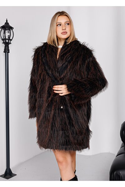EsSo butik New Season Brown Snap Closure Premium Faux Fur Coat