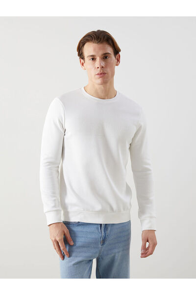 LC Waikiki Ecru Crew Neck Printed Men's Thick Sweatshirt